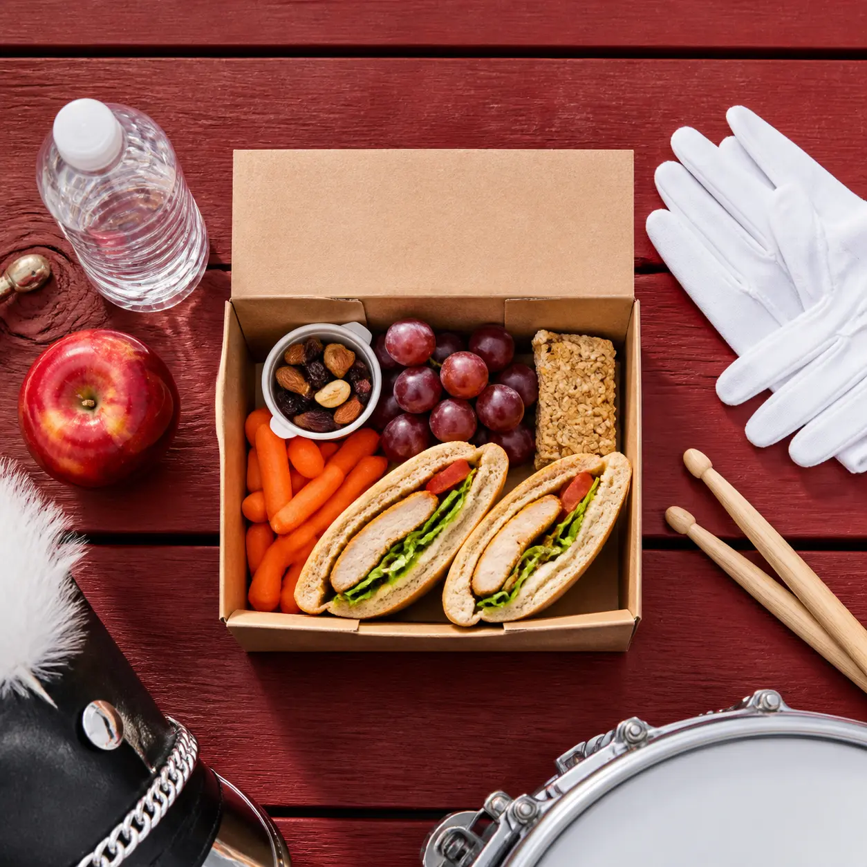 A packed meal with marching band equipment